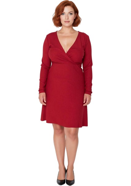 Kadın Büyük Beden V Yaka Uzun Kol Skater Örme Mini Elbise Ilkbahar Sonbahar Kombinlerinin Yıldızı modelleri