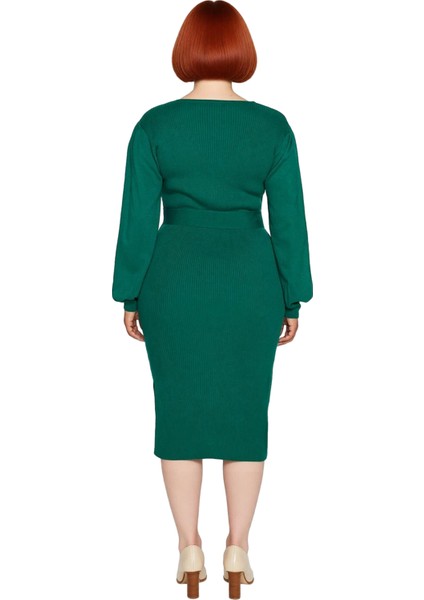 Kadın Triko Bodycon Kalıp Midi Elbise Kare Yaka Balon Kol Detaylı Kuşaklı Şık Tasarım Kaliteli fırsatları