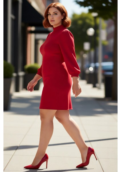 Kadın Büyük Beden A Kesim Uzun Balon Kollu Dik Yaka Mini Elbise Günlük Şık Davetler Için Kaliteli