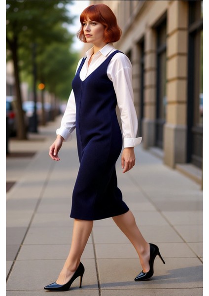 Kadın Gri Shift Kalıp Triko Jile Midi Elbise V Yaka Düz Dokulu Konforlu Ilkbahar Sonbahar Kaliteli