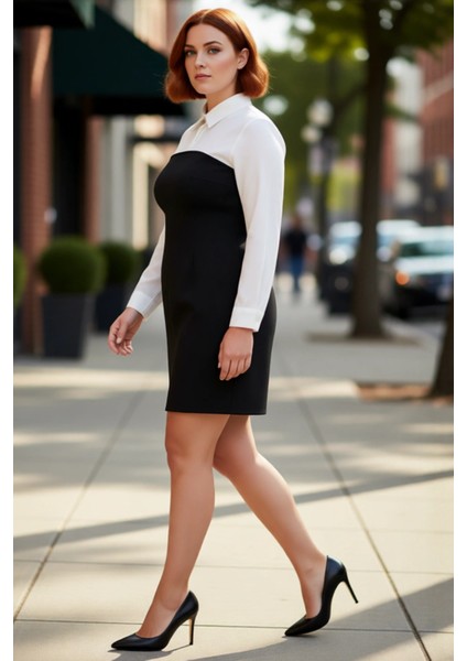 Kadın Bodycon Renk Bloklu Mini Elbise Gömlek Yaka Uzun Kol Iş ve Günlük Şıklığına Özel Tasarım