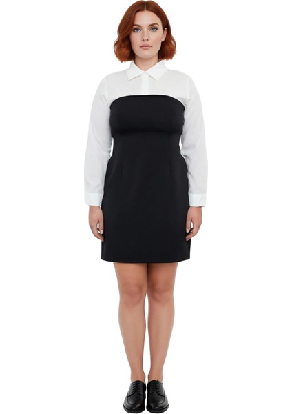 Kadın Bodycon Renk Bloklu Mini Elbise Gömlek Yaka Uzun Kol Iş ve Günlük Şıklığına Özel Tasarım modelleri