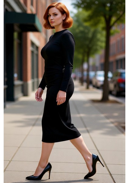 Kadınlar Için Siyah Büzgü Detaylı Büyük Beden Shift Örme Uzun Kollu Maxi Günlük Elbise Kaliteli