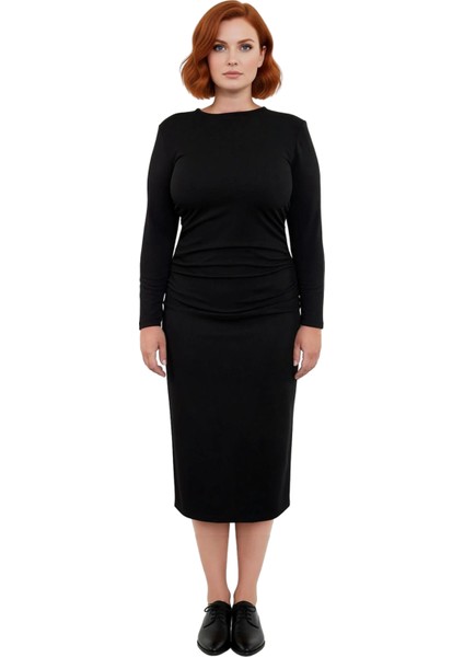 Kadınlar Için Siyah Büzgü Detaylı Büyük Beden Shift Örme Uzun Kollu Maxi Günlük Elbise Kaliteli modelleri