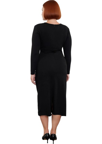 Kadınlar Için Siyah Büzgü Detaylı Büyük Beden Shift Örme Uzun Kollu Maxi Günlük Elbise Kaliteli fırsatları