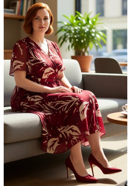 Kadın Çok Renkli Çiçekli V Yaka Kruvaze Maxi Boy Şifon A Line Elbise Ilkbahar Sonbahar Kaliteli fiyatları