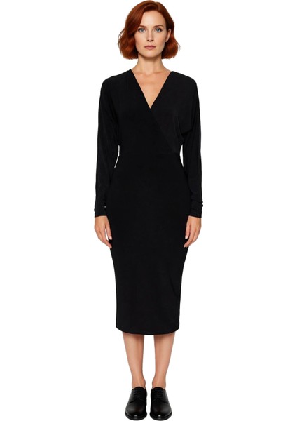 Kadın Bodycon V Yaka Midi Elbise Esnek Örme Polyester Karışımlı Düz Desen Uzun Kollu Kışlık Günlük