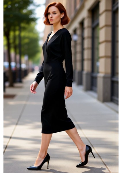 Kadın Bodycon V Yaka Midi Elbise Esnek Örme Polyester Karışımlı Düz Desen Uzun Kollu Kışlık Günlük modelleri