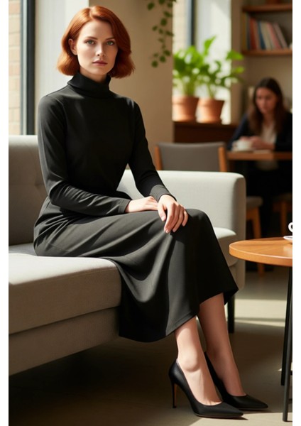 Kadın Tesettür Kışlık Elbise Dik Yaka Maxi Boy Örme Dalgıç Kumaş Kemer Detayı ile Günlük Şıklığı