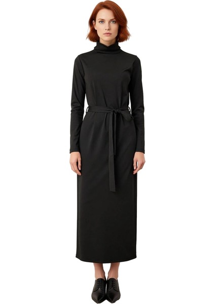 Kadın Tesettür Kışlık Elbise Dik Yaka Maxi Boy Örme Dalgıç Kumaş Kemer Detayı ile Günlük Şıklığı fiyatları