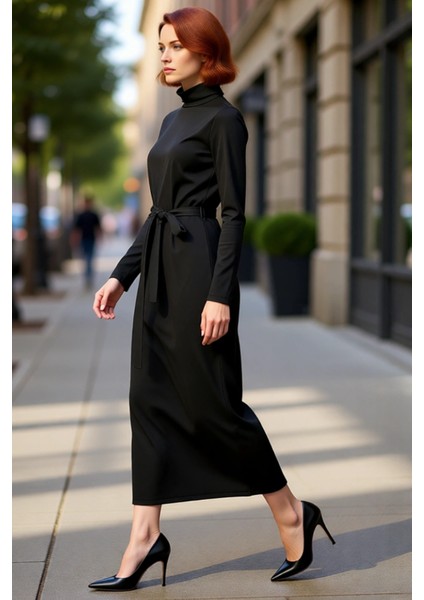 Kadın Tesettür Kışlık Elbise Dik Yaka Maxi Boy Örme Dalgıç Kumaş Kemer Detayı ile Günlük Şıklığı fırsatları