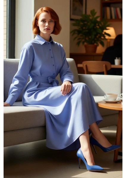 Kadın Uzun Kollu Düğmeli Kuşaklı Gömlek Elbise Dokuma Kumaş Cool Comfort Ramadan Stili Kaliteli