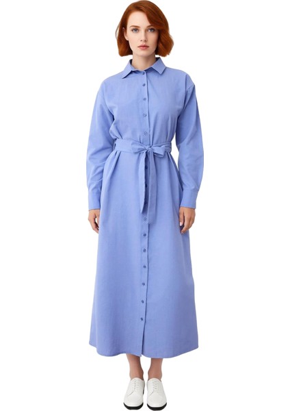 Kadın Uzun Kollu Düğmeli Kuşaklı Gömlek Elbise Dokuma Kumaş Cool Comfort Ramadan Stili Kaliteli fiyatları