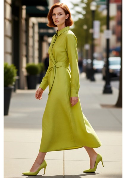 Kadın Ilkbahar Sonbahar A Line Maxi Elbise Dokuma Gömlek Yaka Belden Bağlamalı Günlük Şık Seçim fırsatları