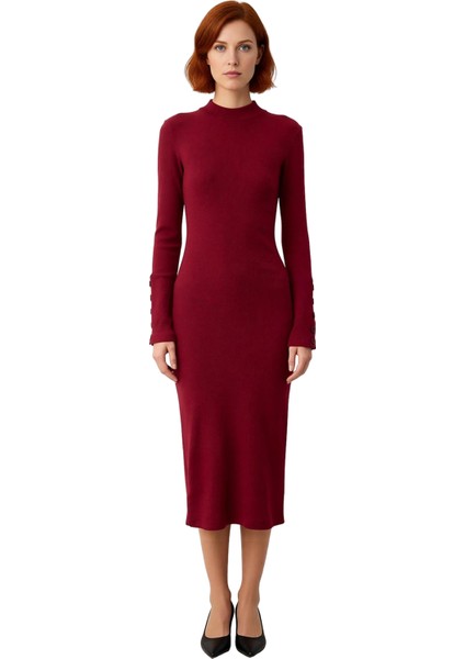 Kadın Dik Yaka Örme Bodycon Midi Elbise Düz Deseniyle Günlük Şıklığı Uzun Kollu Rahatlık Sunar