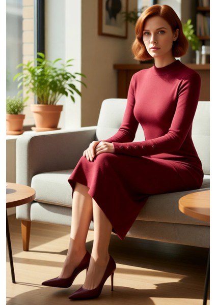 Kadın Dik Yaka Örme Bodycon Midi Elbise Düz Deseniyle Günlük Şıklığı Uzun Kollu Rahatlık Sunar fırsatları