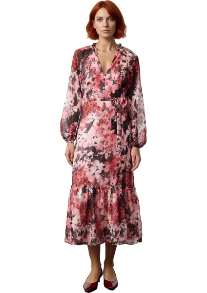 Kadın Bohem Şal Desenli Kuşaklı Midi Dokuma Elbise V Yaka Astarlı Uzun Kollu A Kesim Şifon Günlük