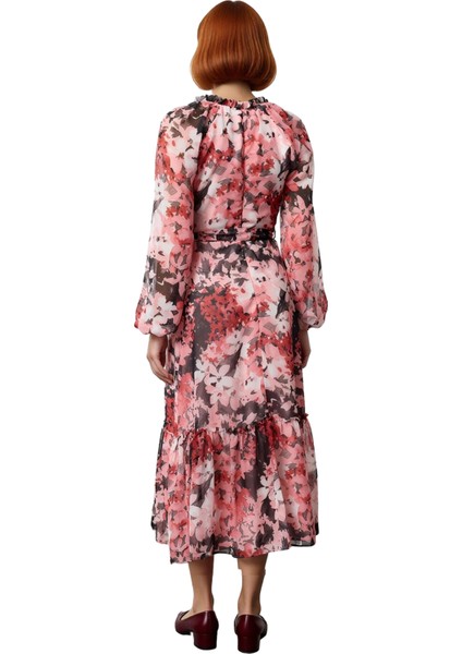 Kadın Bohem Şal Desenli Kuşaklı Midi Dokuma Elbise V Yaka Astarlı Uzun Kollu A Kesim Şifon Günlük fiyatları