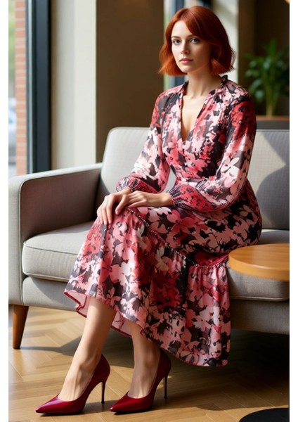 Kadın Bohem Şal Desenli Kuşaklı Midi Dokuma Elbise V Yaka Astarlı Uzun Kollu A Kesim Şifon Günlük fırsatları