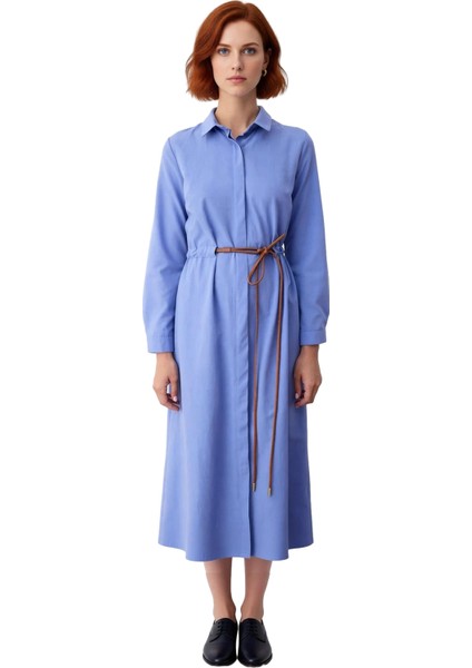 Kadın Günlük Kombinlere Uygun Dokuma Kemer Detaylı A Kesim Gömlek Yaka Standart Kol Elbise fiyatları