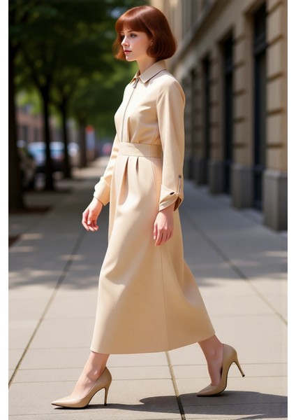 Kadın Casual Gabardin Dokuma Maxi Elbise Gömlek Yaka Uzun Kol A Line Rahat Kış Stili Kaliteli fırsatları