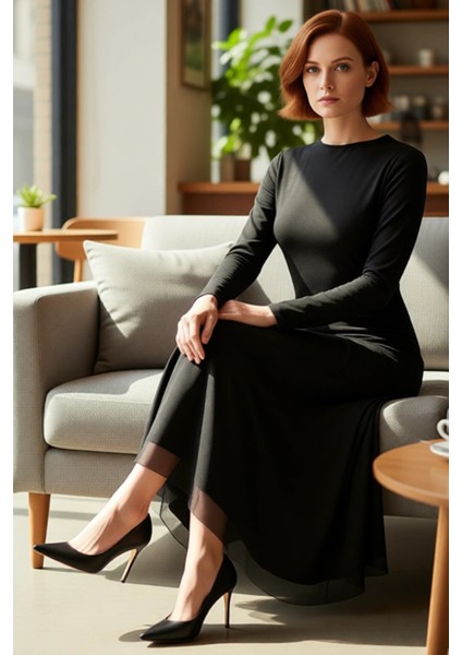 Kadın Modern Kayık Yaka Düz Desen Uzun Kollu Astarlı Maxi Boy Tül Etekli Bodycon Elbise Kaliteli