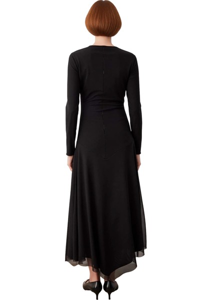 Kadın Modern Kayık Yaka Düz Desen Uzun Kollu Astarlı Maxi Boy Tül Etekli Bodycon Elbise Kaliteli modelleri