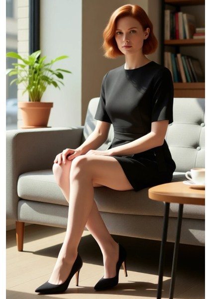 Kadın Büyük Beden Ofis Elbisesi Dokuma Kısa Kollu Bisiklet Yaka Kemerli Mini Tasarım Şıklığı