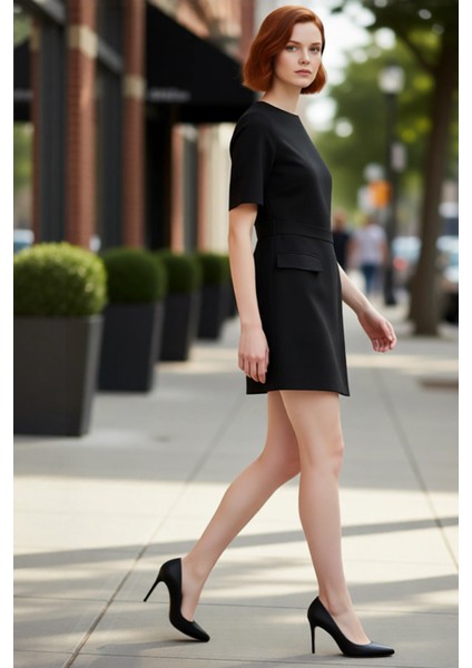 Kadın Büyük Beden Ofis Elbisesi Dokuma Kısa Kollu Bisiklet Yaka Kemerli Mini Tasarım Şıklığı fırsatları