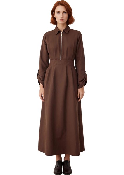 Kadın Casual Gabardin Dokuma Maxi Elbise Gömlek Yaka Uzun Kol A Line Rahat Kış Stili Kaliteli fiyatları