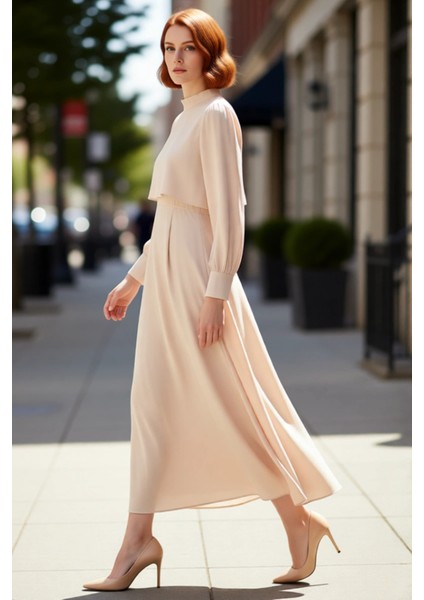 Kadın A Line Düz Desen Maxi Dokuma Elbise Dik Yaka Tasarımıyla Soğuk Havalara Özel Şıklık Kaliteli fırsatları