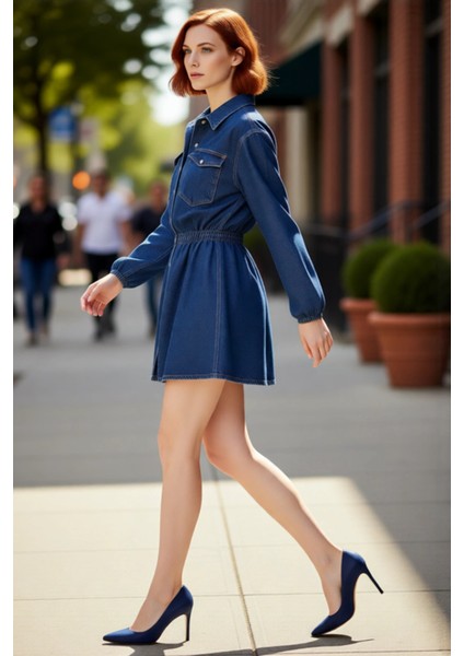 Kadın %100 Pamuk Denim Gömlek Yaka Skater Elbise Uzun Kollu Lastikli Bel Detaylı Mini Kaliteli fırsatları