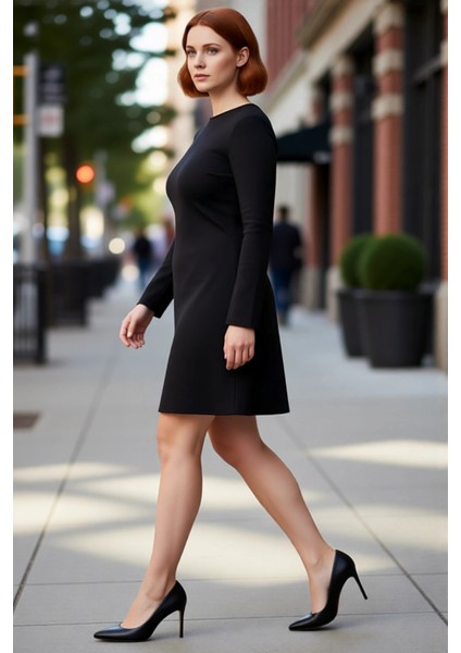 Kadınlar Için A Kesim Örme Mini Elbise Bisiklet Yaka Uzun Kollu Rahat Günlük Kış Stili Kaliteli