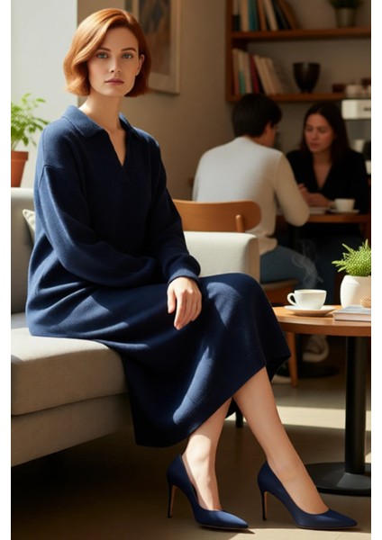 Kadınlar Için Konforlu Shift Kalıp Triko Elbise Midi Boy Polo Yaka Uzun Kollu Kışlık Casual Şıklık fırsatları