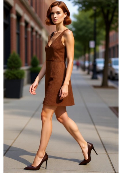 Şık Kadın Süet Dokulu Bej V Yaka Jile Mini Elbise Bodycon Kesim Kış ve Sonbahar Için Ideal modelleri