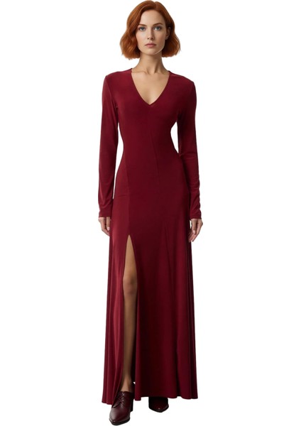 Kadın V Yaka Bodycon Kesim Uzun Kollu Maxi Boy Yırtmaç Detaylı Düz Örme Elbise Zarif Stil Kaliteli