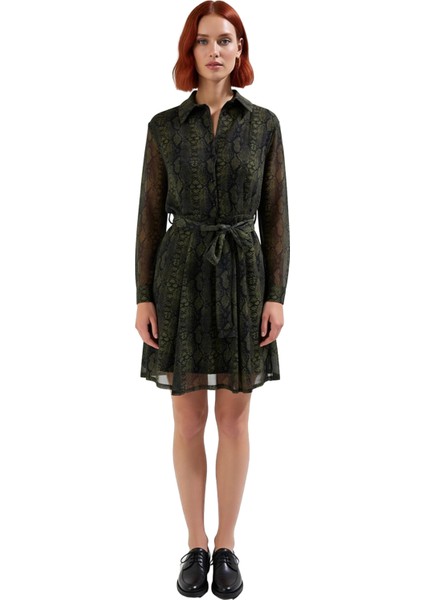 Kadın Kuşaklı Gömlek Yaka Çiçekli Desenli Şifon Mini Elbise Günlük ve Özel Anlar Için Kaliteli