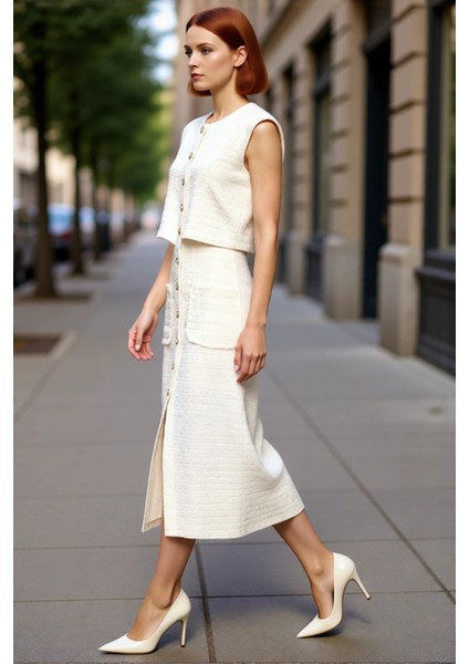 Kadın Şık Midi Boy Kolsuz Düğmeli %100 Pamuk Tüvit Ceket Elbise Gündüz Gece Kombinleri Için modelleri