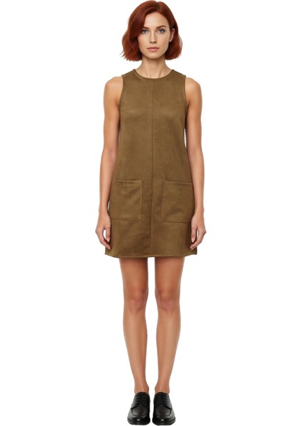 Kadın Haki Kolsuz Mini Elbise Düz Desen Cep Detaylı Shift Kalıbı Ile Casual Şıklık Sunar Kaliteli