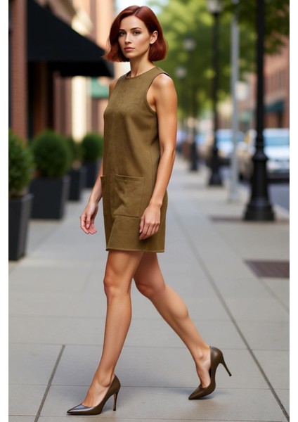 Kadın Haki Kolsuz Mini Elbise Düz Desen Cep Detaylı Shift Kalıbı Ile Casual Şıklık Sunar Kaliteli modelleri