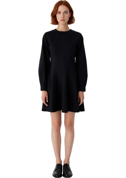 Kadın Siyah Düz Desen A Line Mini Elbise Doğal Pamuklu Denim Kumaş Bisiklet Yaka Uzun Kol Kaliteli