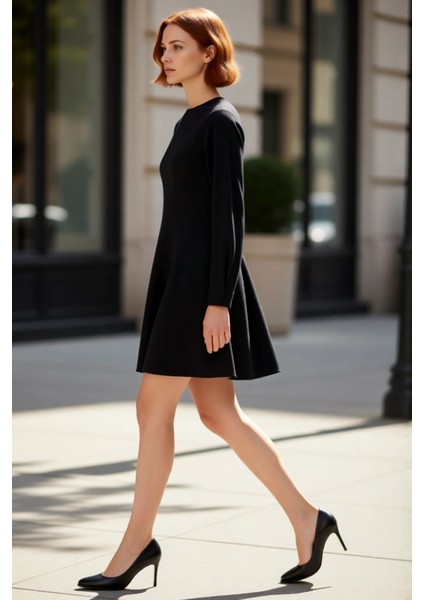 Kadın Siyah Düz Desen A Line Mini Elbise Doğal Pamuklu Denim Kumaş Bisiklet Yaka Uzun Kol Kaliteli modelleri