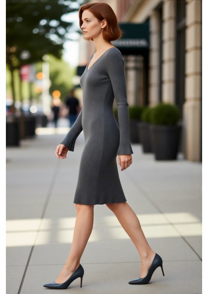 Kadın Uzun Kollu V Yaka Triko Bodycon Mini Elbise Şık Akrilik Kışlık Günlük Kombin Için Harika Seçim modelleri