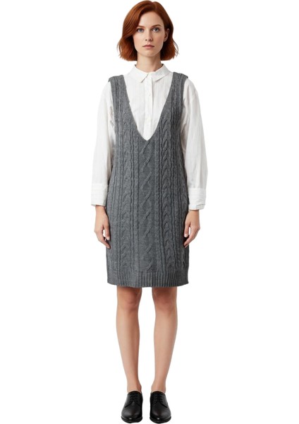 Kadın Antrasit Jile Elbise V Yaka Saç Örgü Triko Kolsuz Mini Boy Sonbahar Şıklığı Seçimi Kaliteli