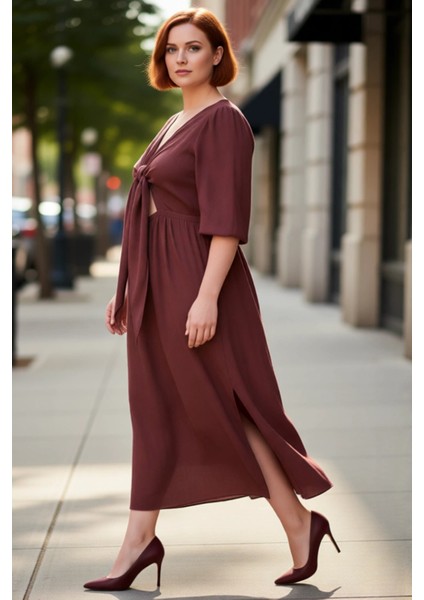 Konforlu Kadın A Line Düz Midi Elbise Truvakar Balon Kol Tasarımı V Yaka Ilkbahar Şıklığı Kaliteli fırsatları