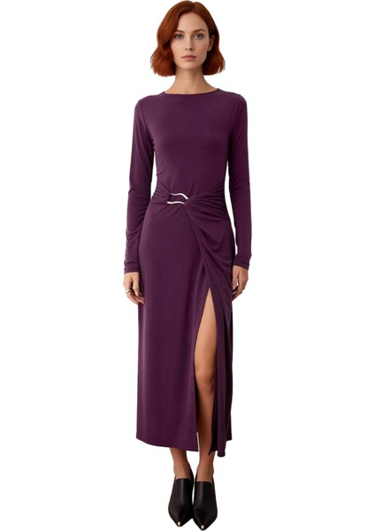 Kadın Kayık Yaka Düşük Kol Şık Düz Desen Bodycon Maxi Örme Elbise Kış Sezonu Zarafeti Sunar