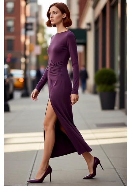 Kadın Kayık Yaka Düşük Kol Şık Düz Desen Bodycon Maxi Örme Elbise Kış Sezonu Zarafeti Sunar modelleri