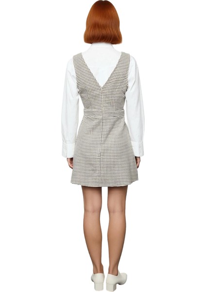 Kadın Jile Elbise Bej Ekose Kareli %100 Pamuk V Yaka Mini Boy Dokuma Günlük Kombinler Için Ideal fiyatları