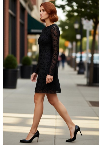 Kadın Siyah Astarlı Bodycone Kısa Elbise Uzun Ispanyol Kol Tül Dokuma Kayık Yaka Tasarımı Kaliteli modelleri