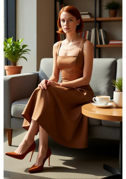 Kadın Abiye Kokteyl Elbisesi Skater Kalıp Kare Yaka Kalın Askılı Midi Dokuma Saten Şık Kaliteli